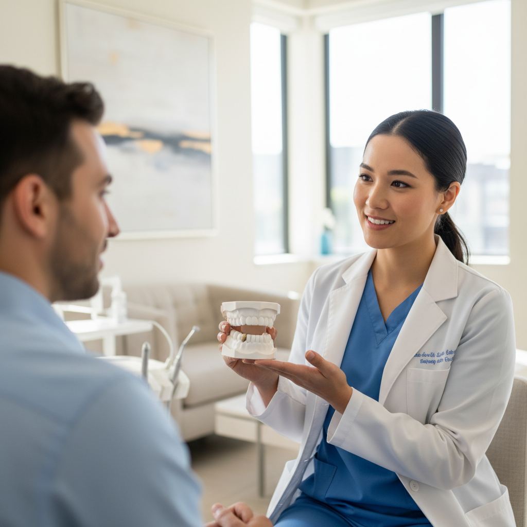 Dentist holding a jaw model with an implant crown while explaining treatment to a patient