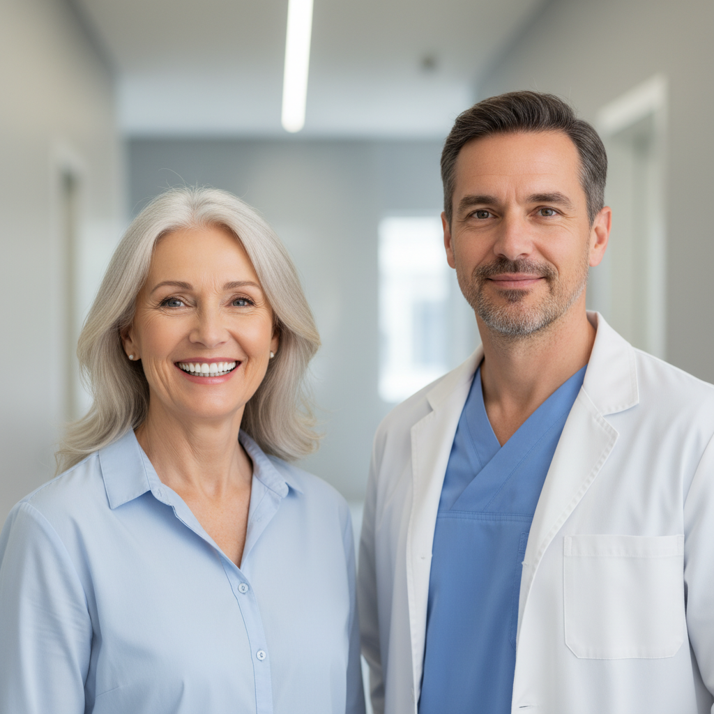 Older patient smiling with implant-supported teeth alongside a dentist in a clinic hallway