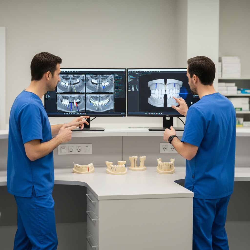 Implant team planning a full-arch zygomatic implants case at a digital workstation with CBCT scans