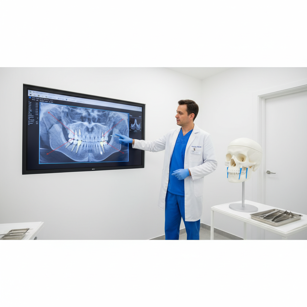 Clinician pointing to 3D skull and CBCT scan to illustrate zygomatic dental implants in the upper jaw