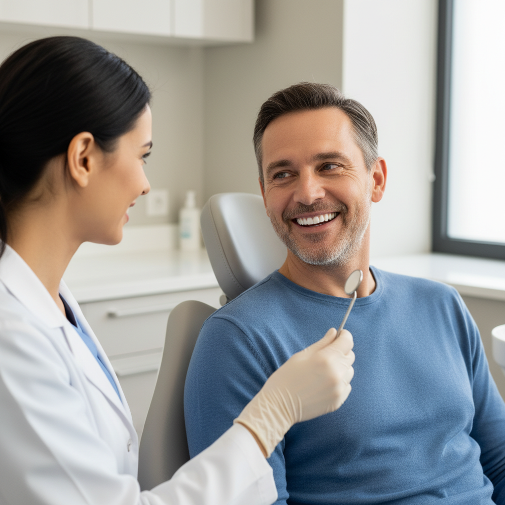 Patient in a dental chair smiling with a mirror after immediate load implant treatment
