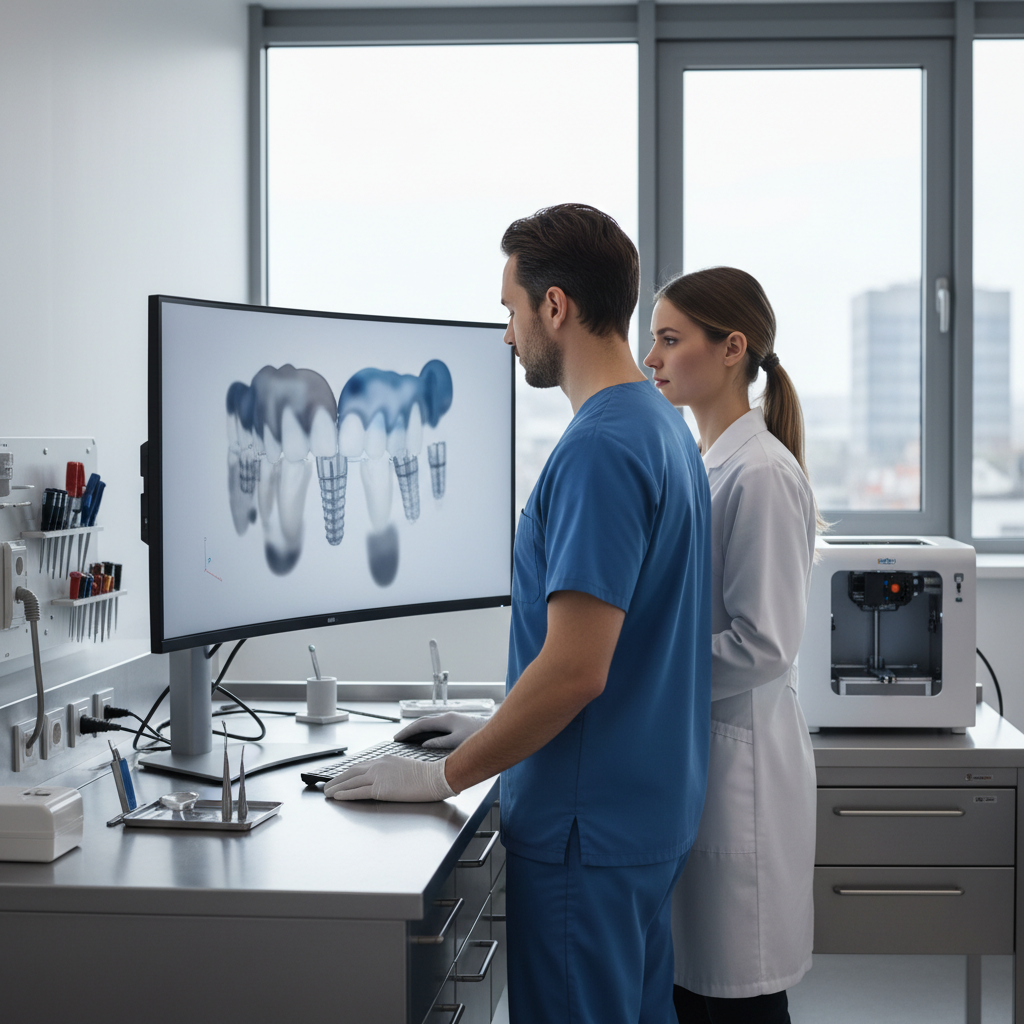 Dentist and dental technician reviewing a digital full-arch implant restoration plan on a monitor