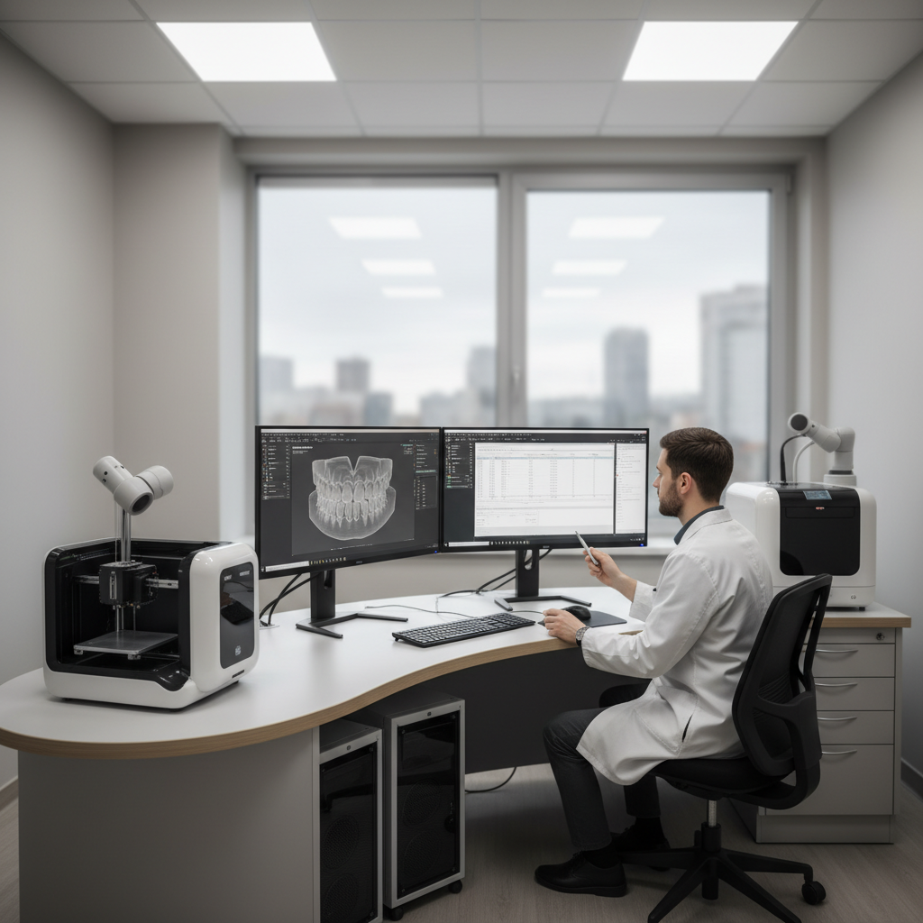Dental technician working on a digital 3D model of teeth and implants in a lab
