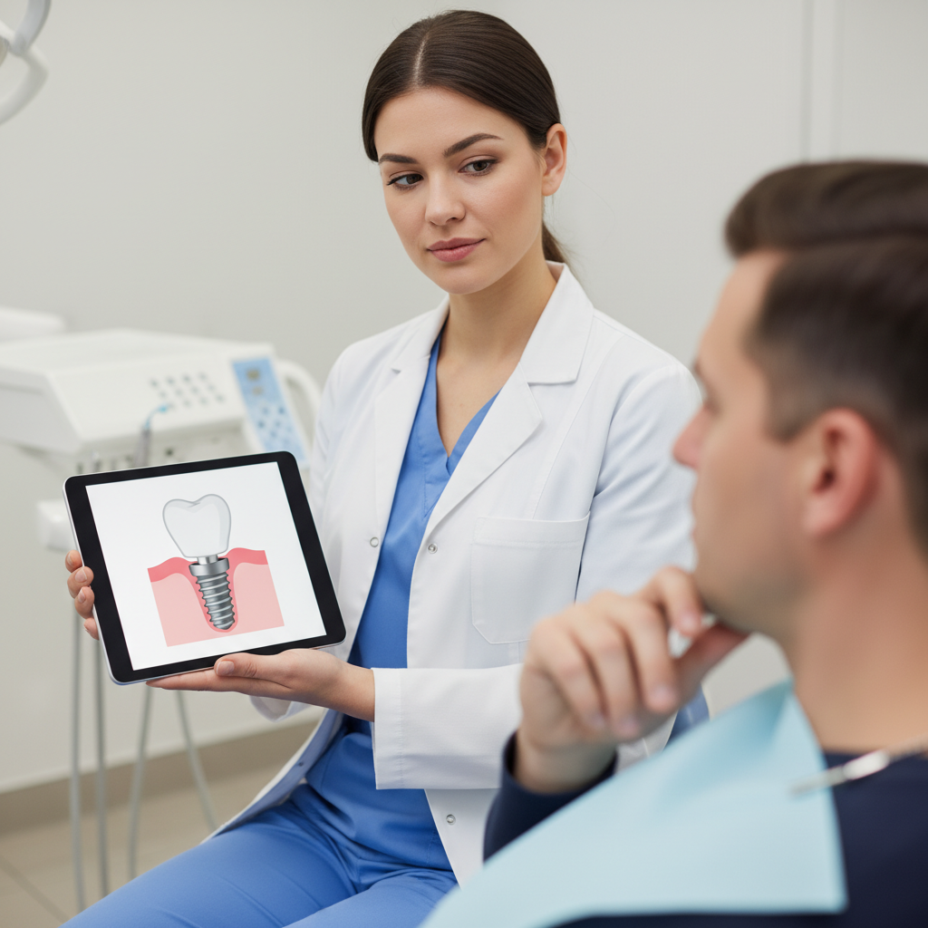 Dentist showing a simplified diagram of a dental implant emerging through the gum into a crown