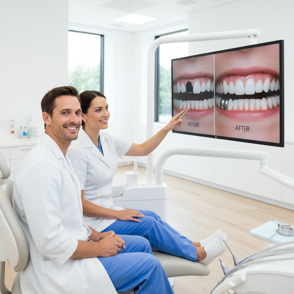 Dentist reviewing anterior dental aesthetics with a smiling patient on a monitor
