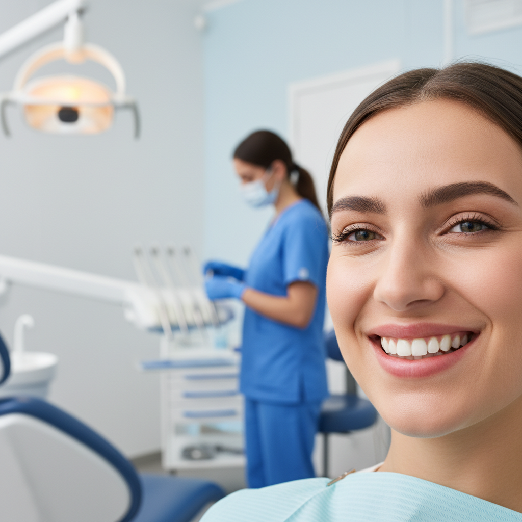 Smiling dental patient showing healthy front teeth and gums in a clinic setting