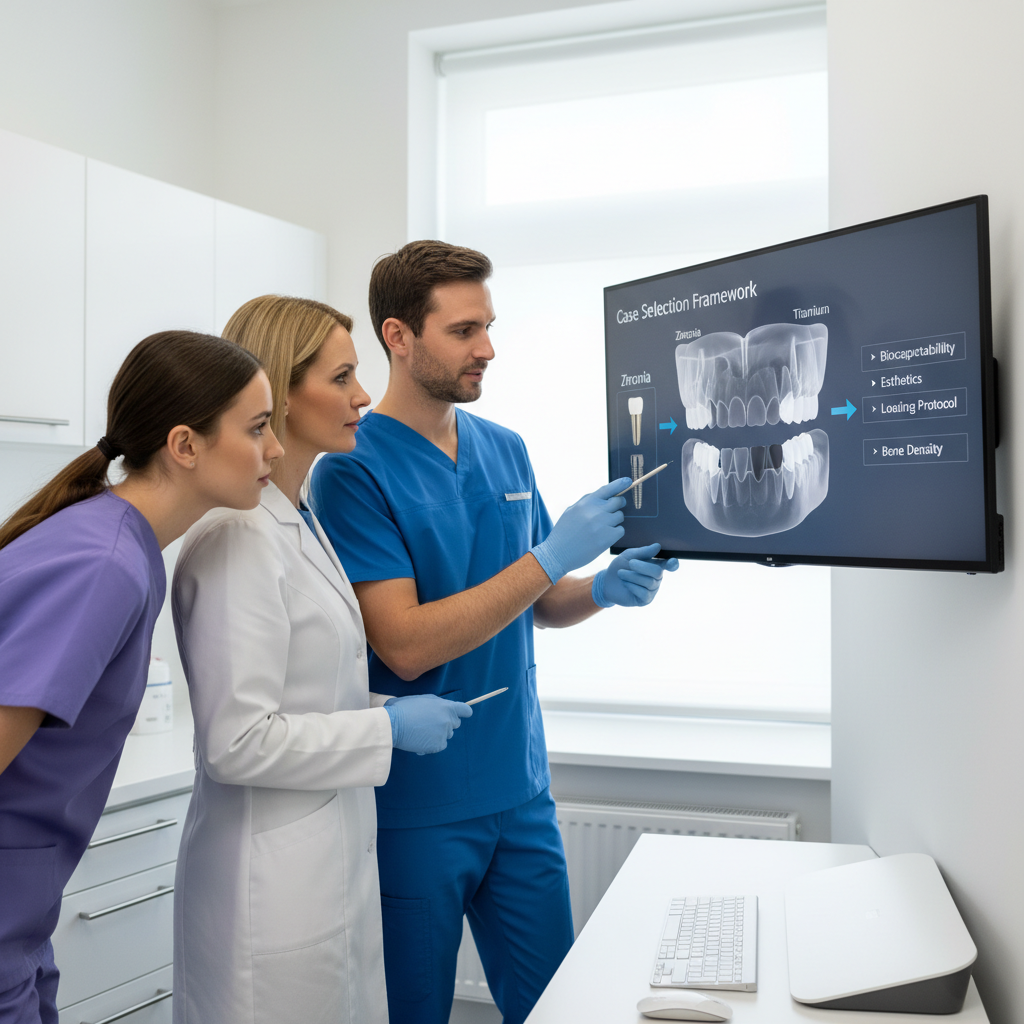 Dentist reviewing a digital 3D model of teeth and implants on a computer screen