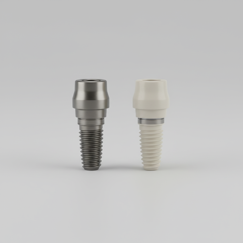 Generic zirconia and titanium implant components side by side on a neutral background
