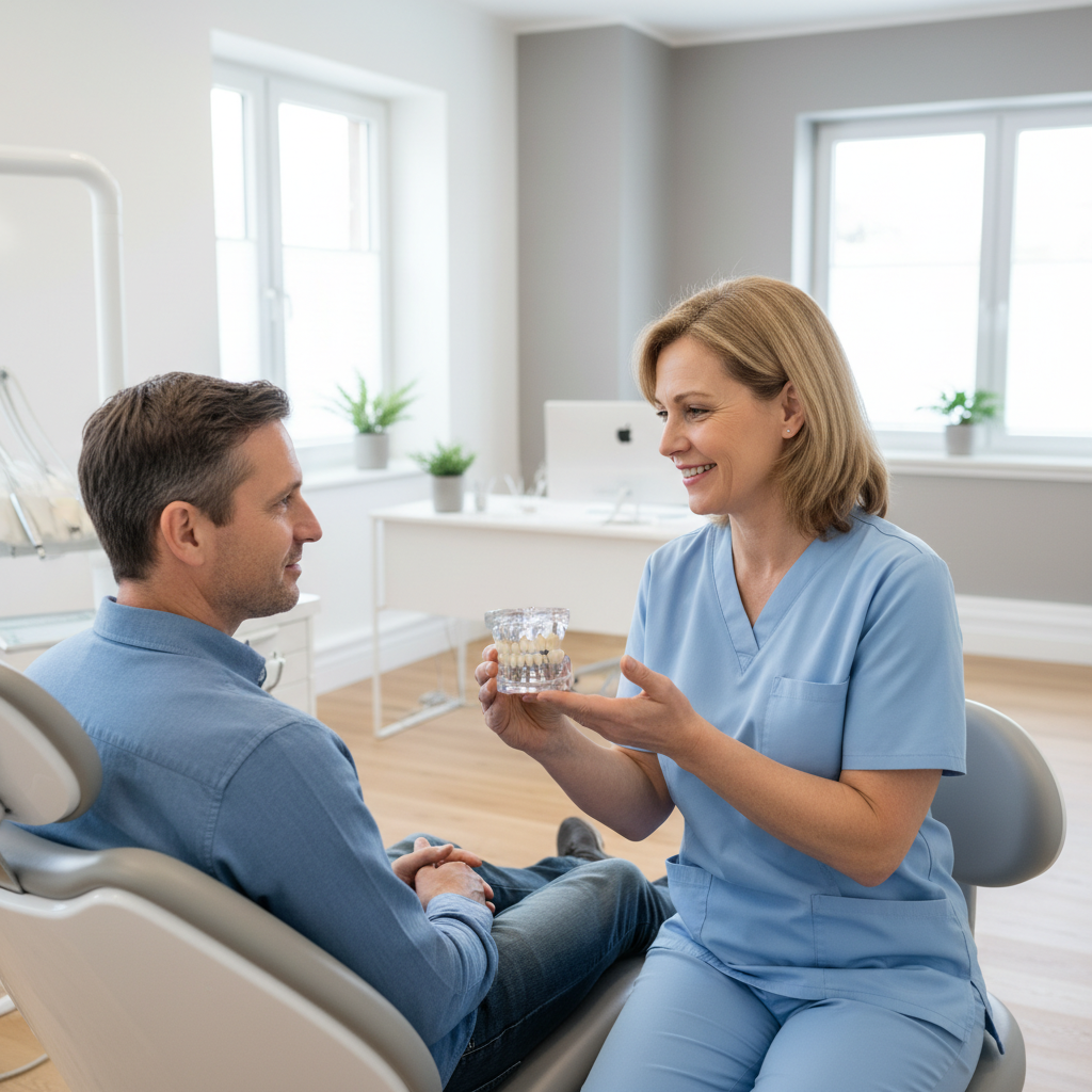Dentist using a jaw model with implants to explain multi unit abutment treatment to a patient