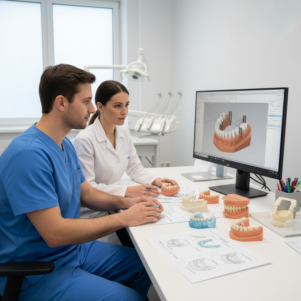 Dentist and dental technician collaborating on a digital multi unit abutment full-arch workflow