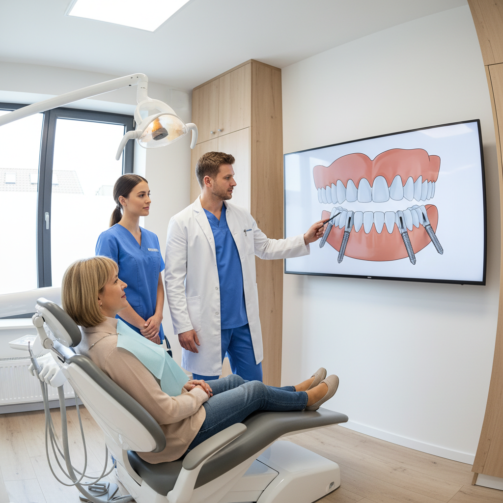 Dental team planning an All-on-4 multi unit abutment full-arch case on a large screen