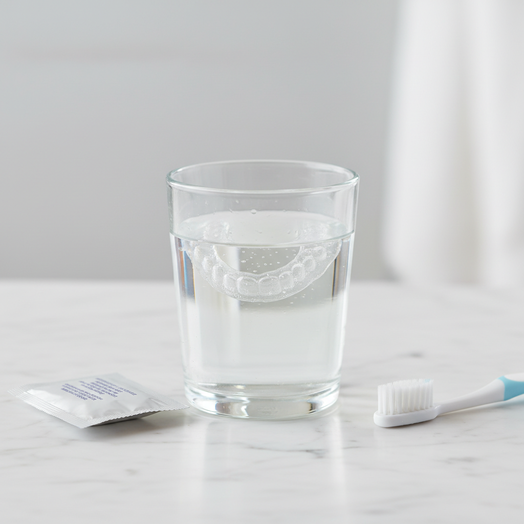 Clear night mouth guard soaking in a glass of water on a bathroom counter beside a denture tablet and soft toothbrush