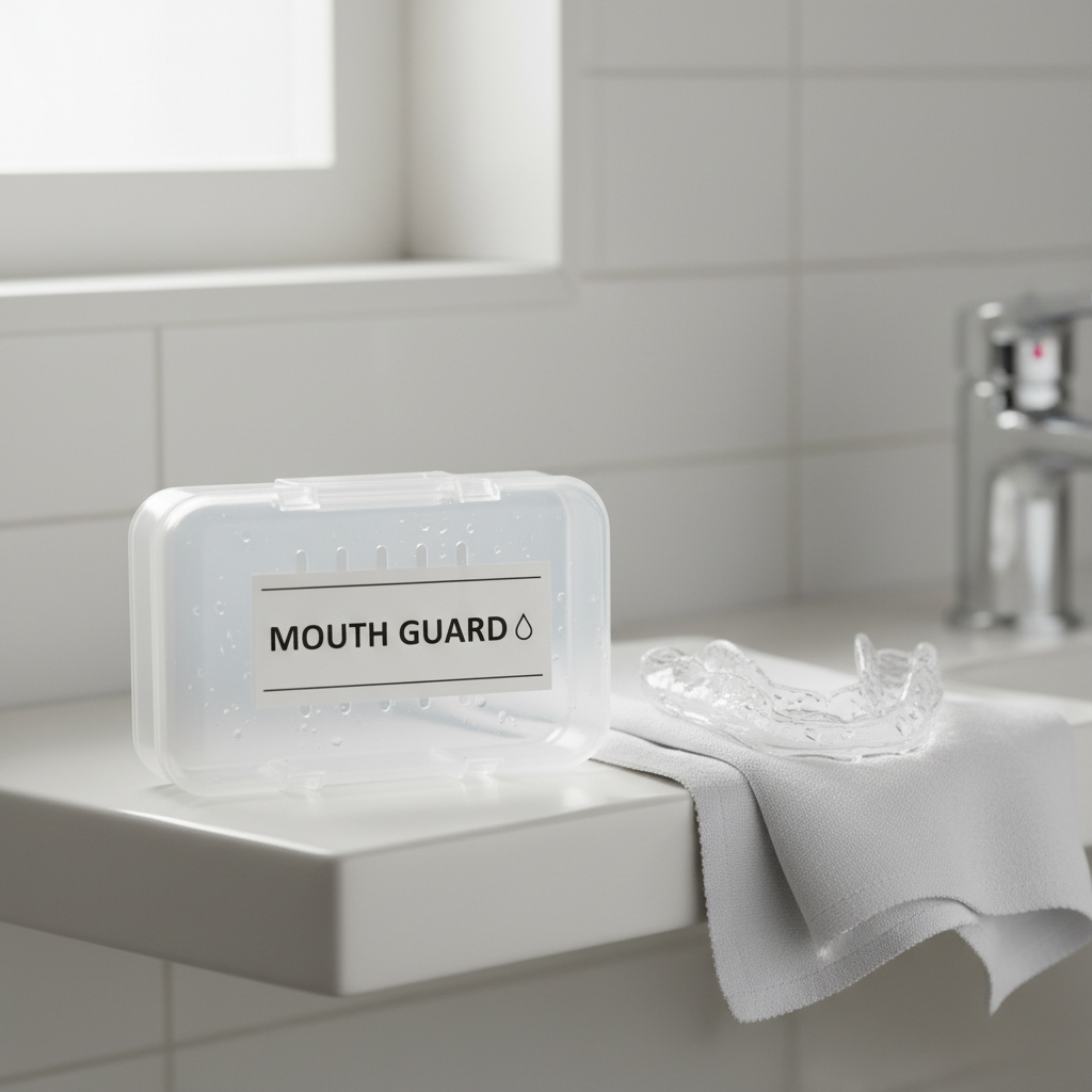 Mouth guard case on a bathroom shelf with a clear guard drying on a clean cloth nearby