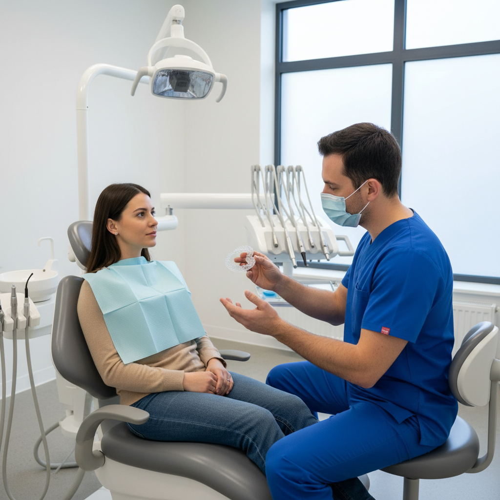 Dentist holding a clear mouth guard while explaining care instructions to a patient in a dental chair