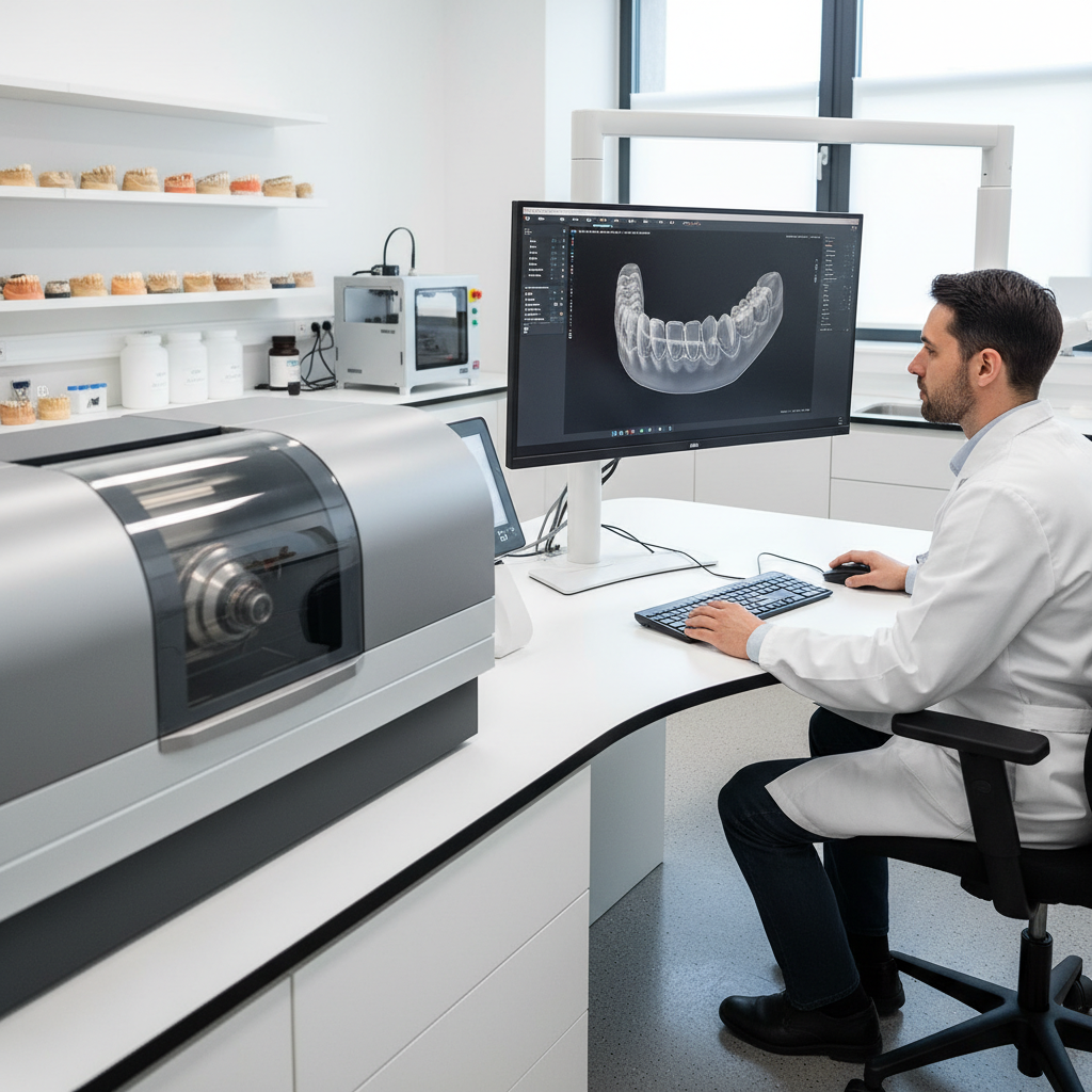 Dental technician designing a clear occlusal splint on a computer in a digital lab workflow