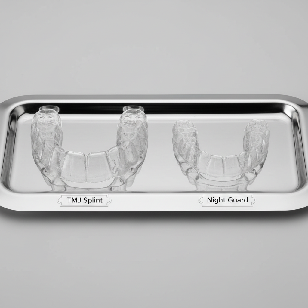 Two clear dental appliances side by side representing a TMJ splint and a night guard