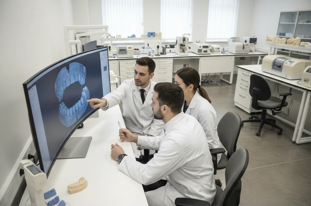 Lab technician and clinician collaborating on a digital lower denture design workflow