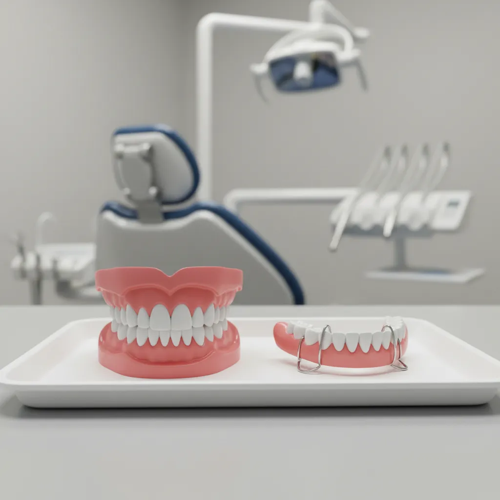 Comparison illustration of a full immediate denture and an immediate partial denture placed after tooth extraction