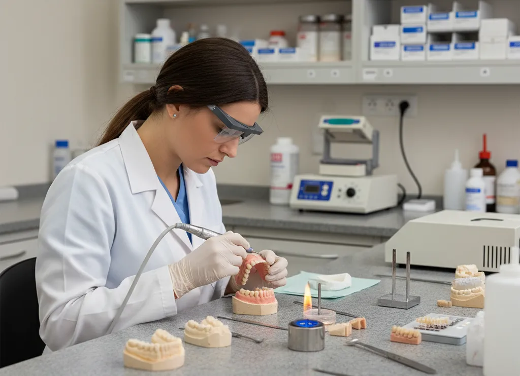Dental lab technician planning an immediate denture case to support clinicians and patients through healing