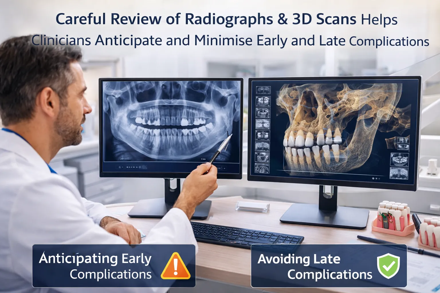 Illustration of common early surgical, biological, and mechanical complications associated with dental implants