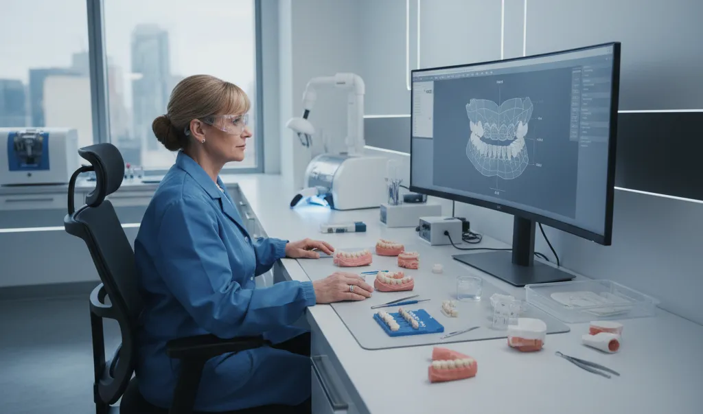 Dental lab technician and clinician collaborating on a digital full mouth denture workflow