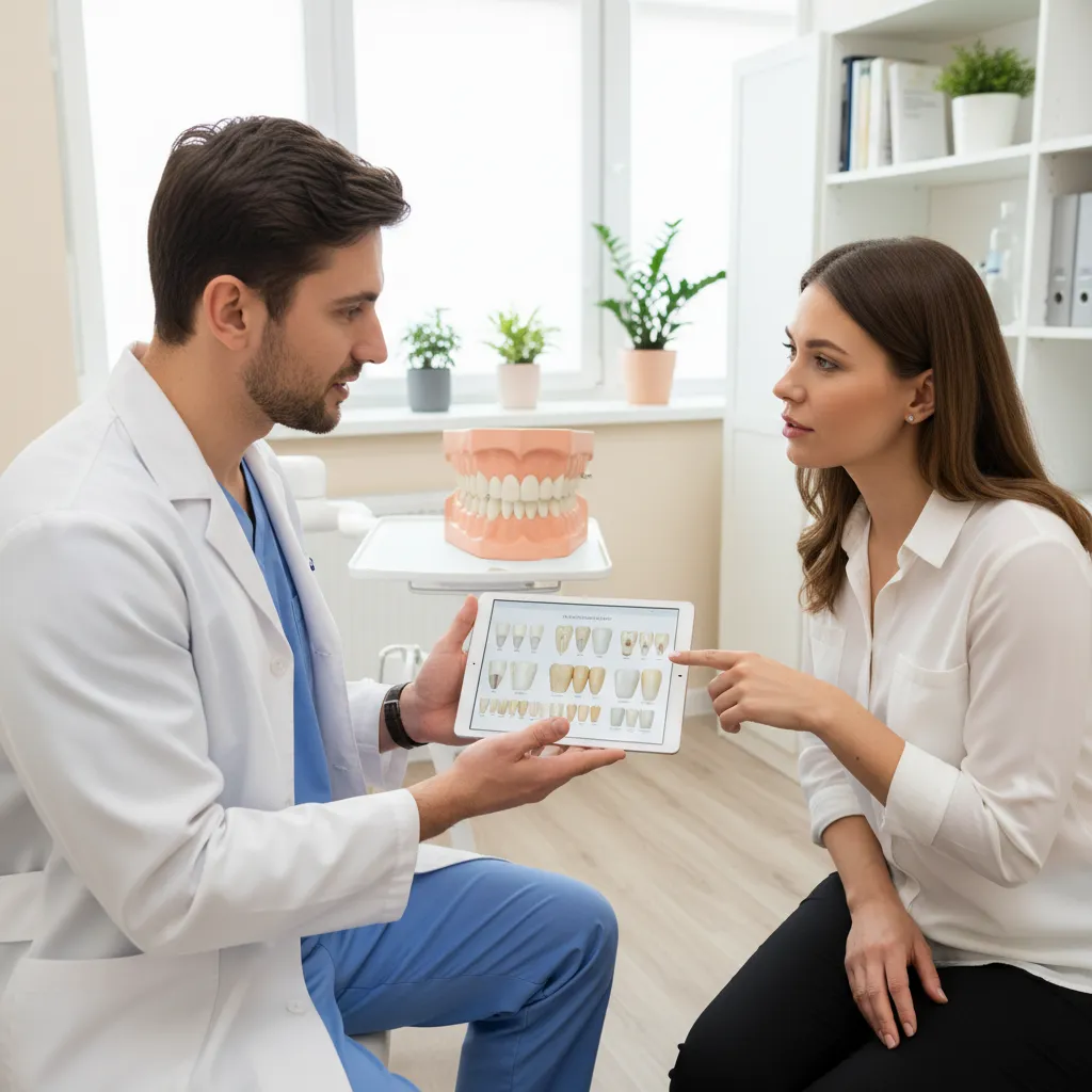Dentist discussing crown timing and treatment options with a patient in consultation