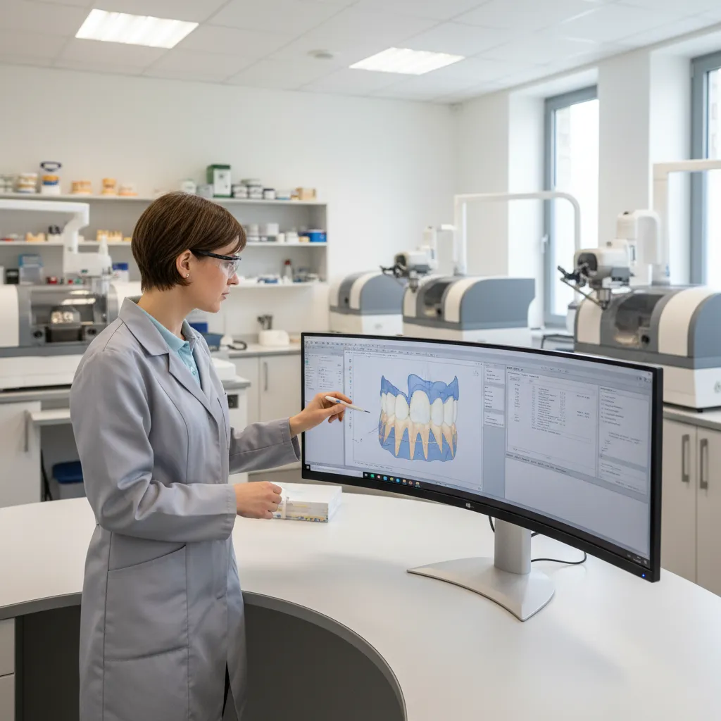 Dental lab technician using CAD/CAM software to design and mill a lab-made crown