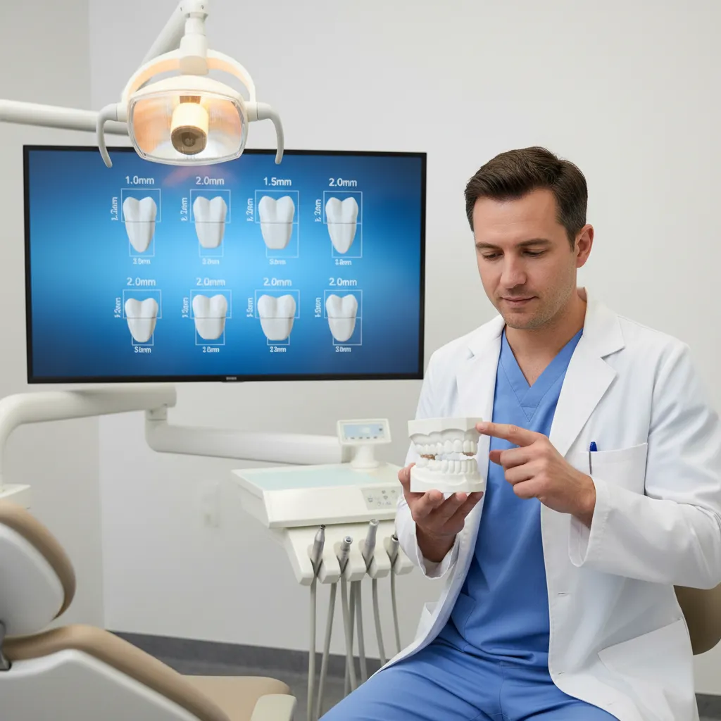 Dentist translating zirconia crown thickness numbers into a chairside discussion with a patient