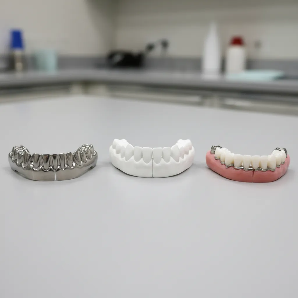 Comparison of full arch implant framework materials including titanium, zirconia, and hybrid designs