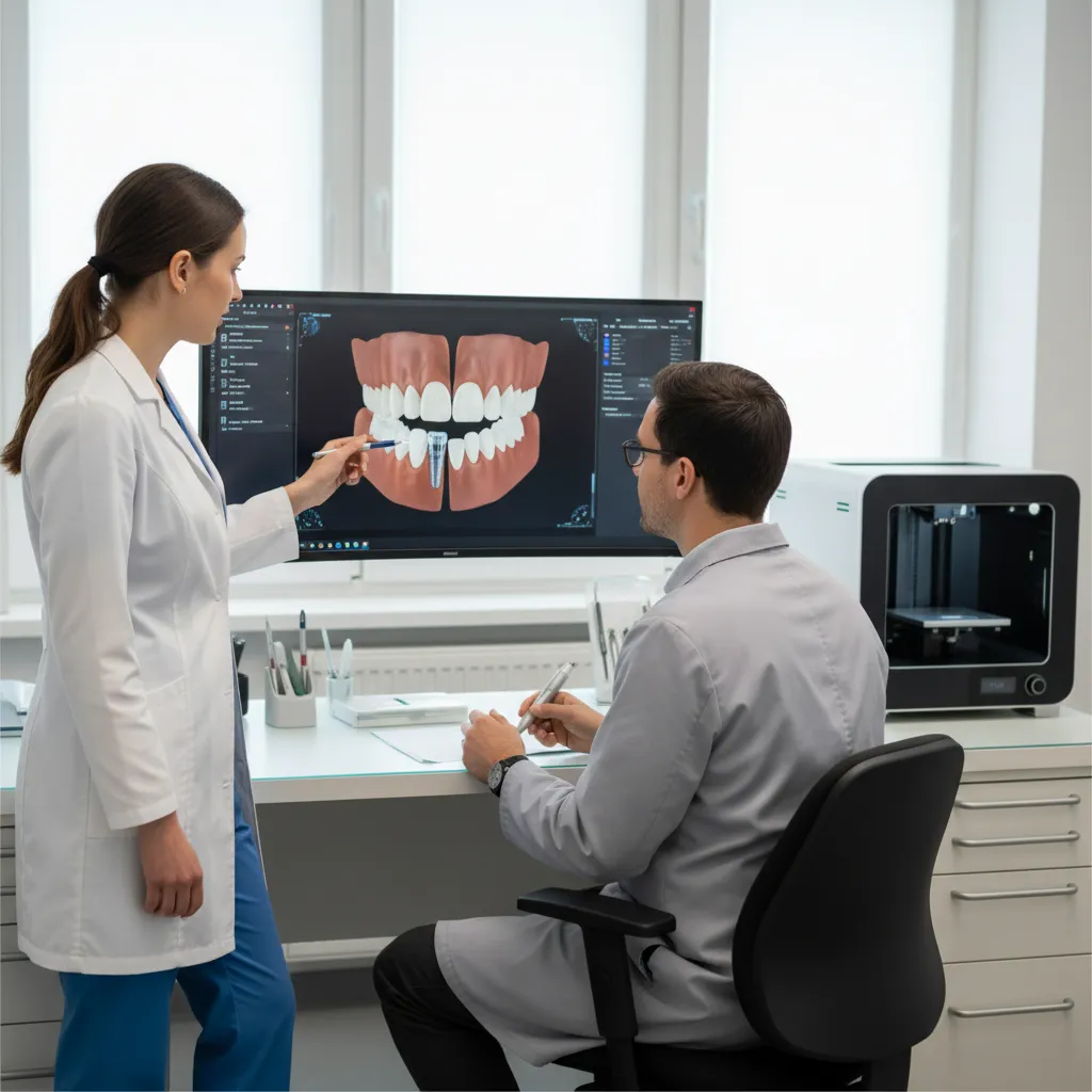 Dental lab technician reviewing hygienist notes and dentist prescriptions for a restorative case