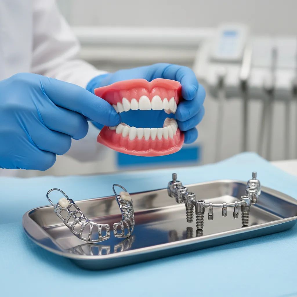Complete dentures, partial dentures and implant-supported overdentures displayed together
