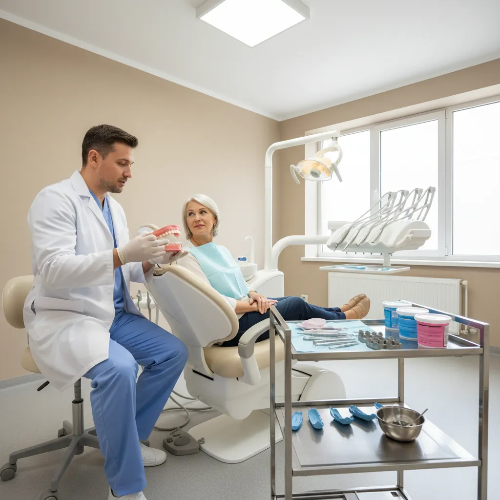 Dentist discussing denture fit and wash impression options with a patient chairside.