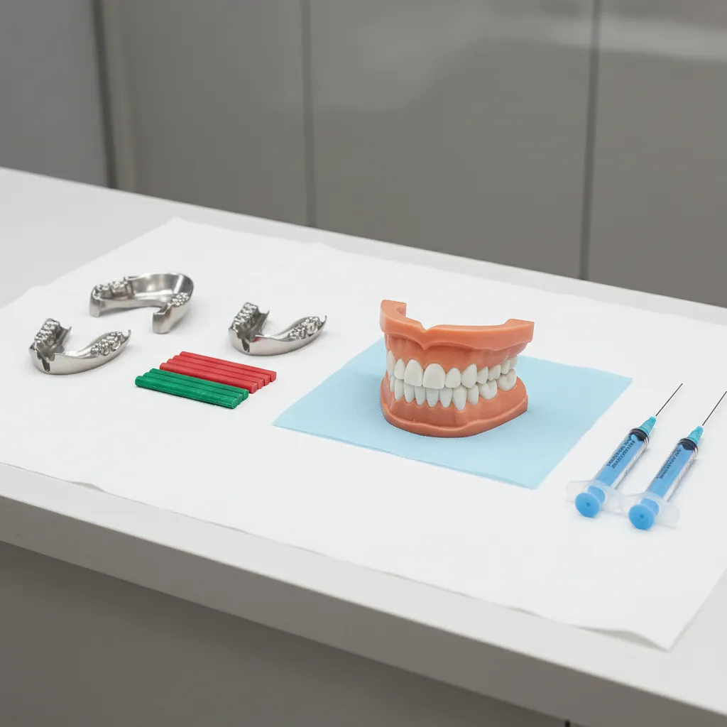 Tray of dental materials laid out for a chairside wash impression denture protocol.