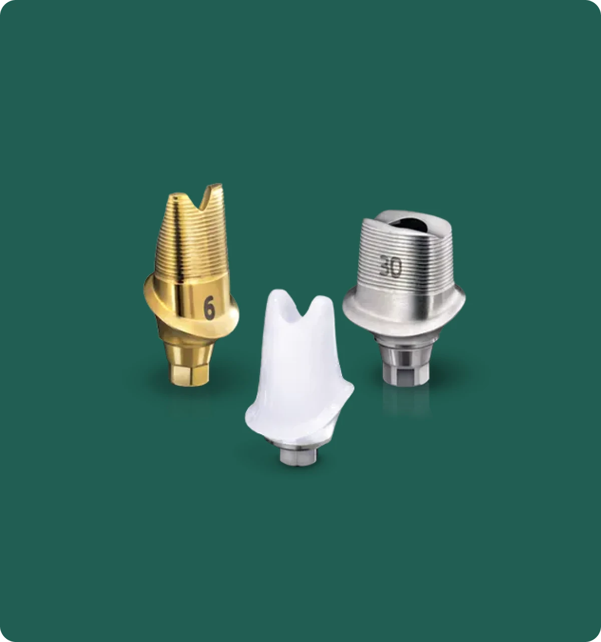 Close-up of a custom zirconia implant abutment attached to a dental implant model, showing a precise emergence contour.