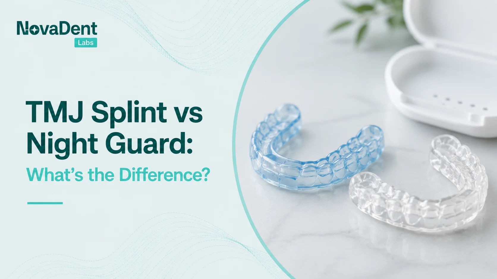 Side-by-side comparison graphic of a TMJ stabilisation splint and a night guard appliance for treating jaw pain versus tooth wear