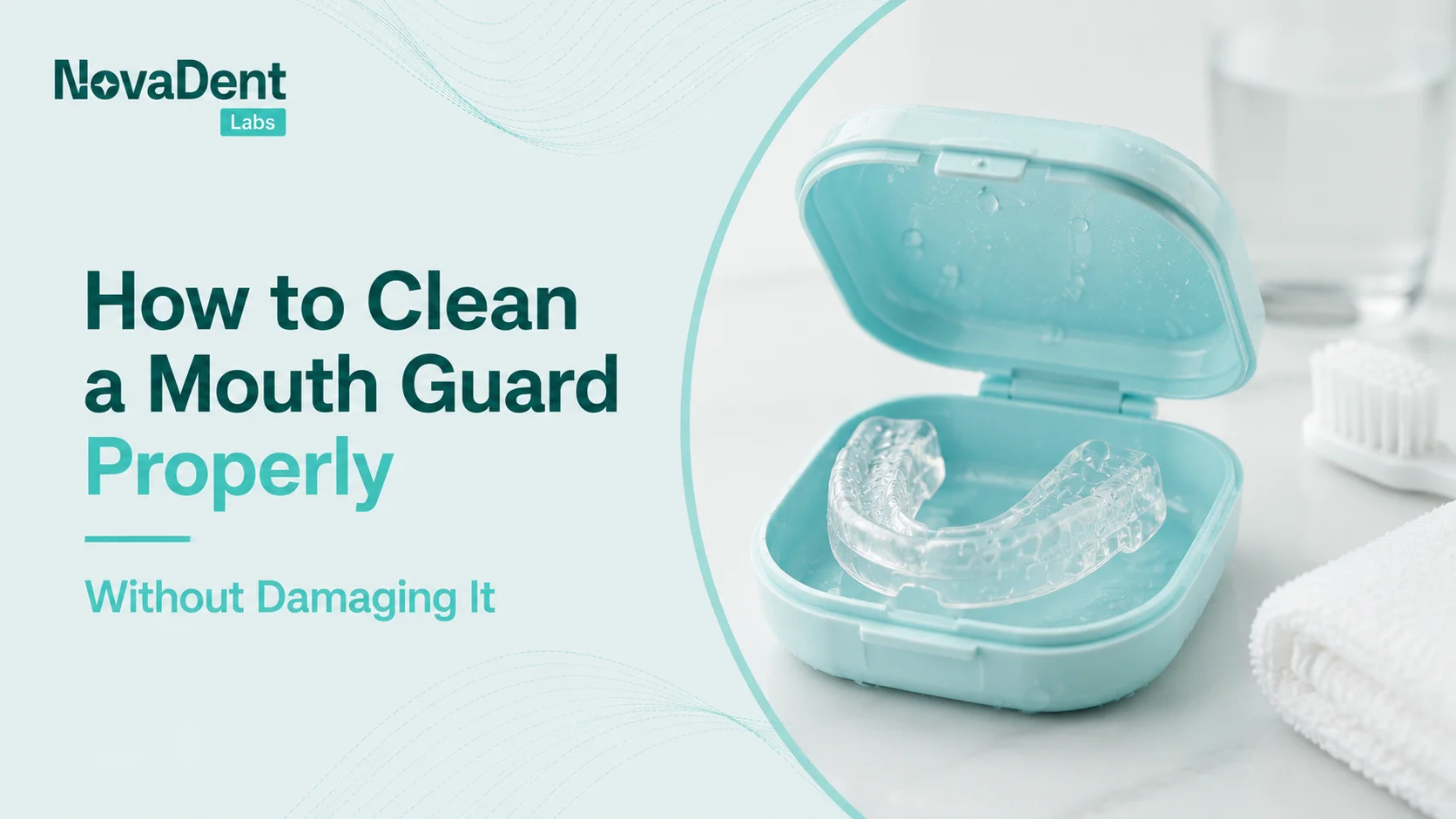 Clear dental mouth guard being rinsed under running water as part of a proper cleaning routine