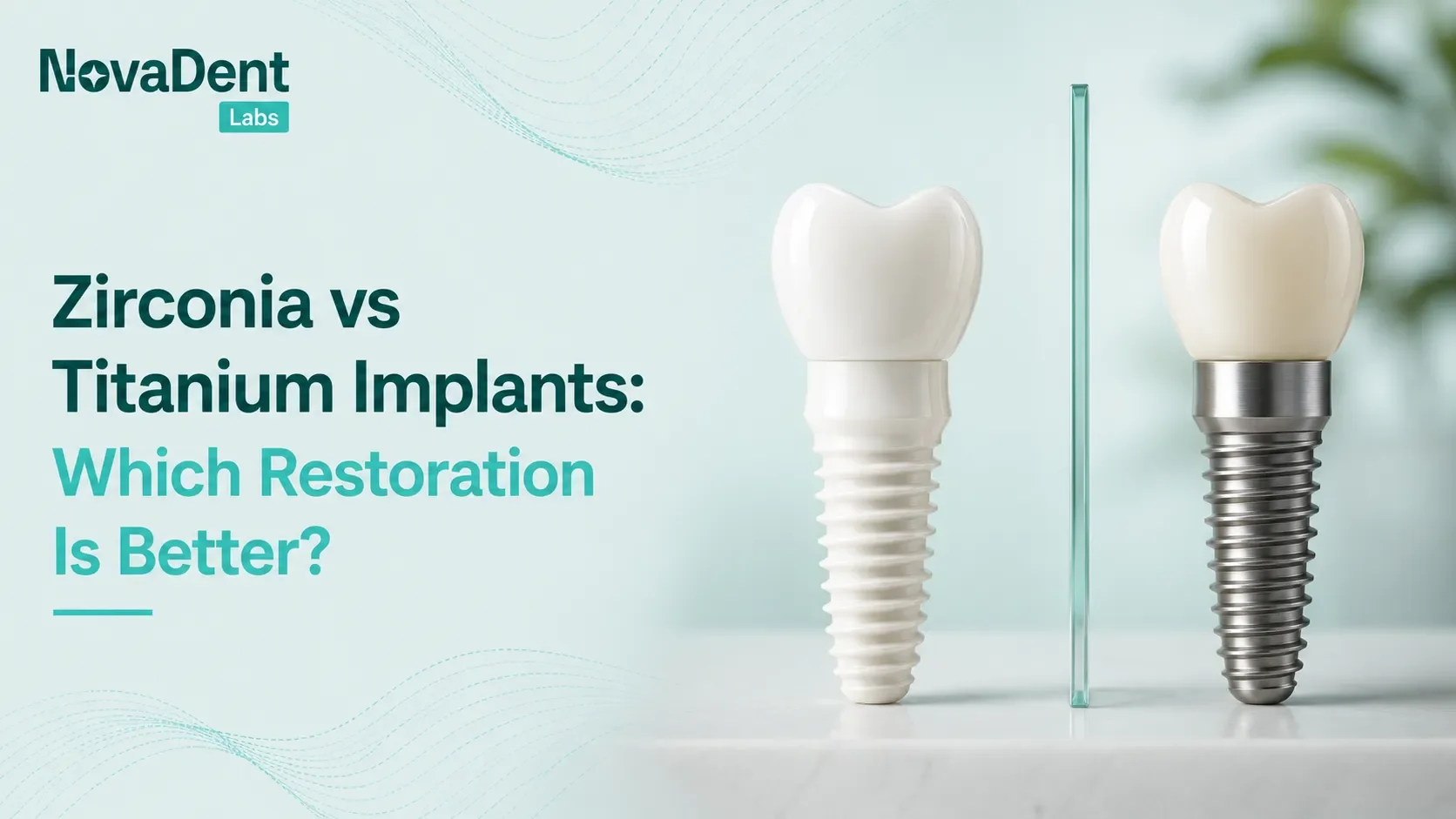 Zirconia and titanium dental implant fixtures displayed side by side for material comparison