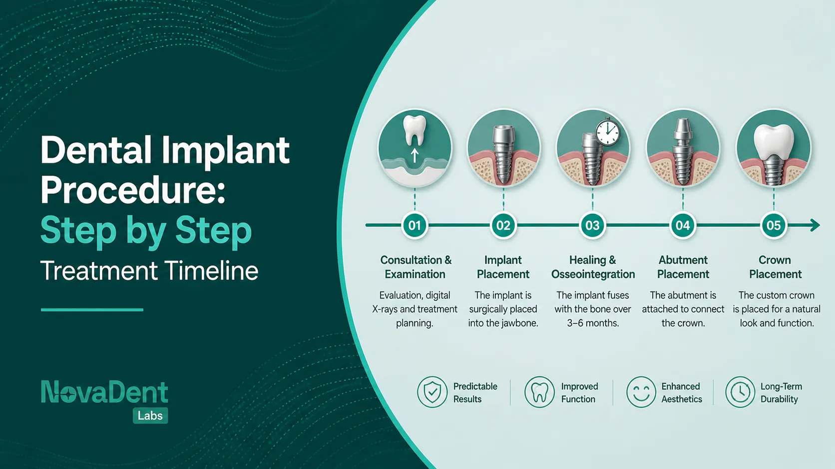 Step-by-step timeline graphic of the dental implant procedure from consultation to final crown