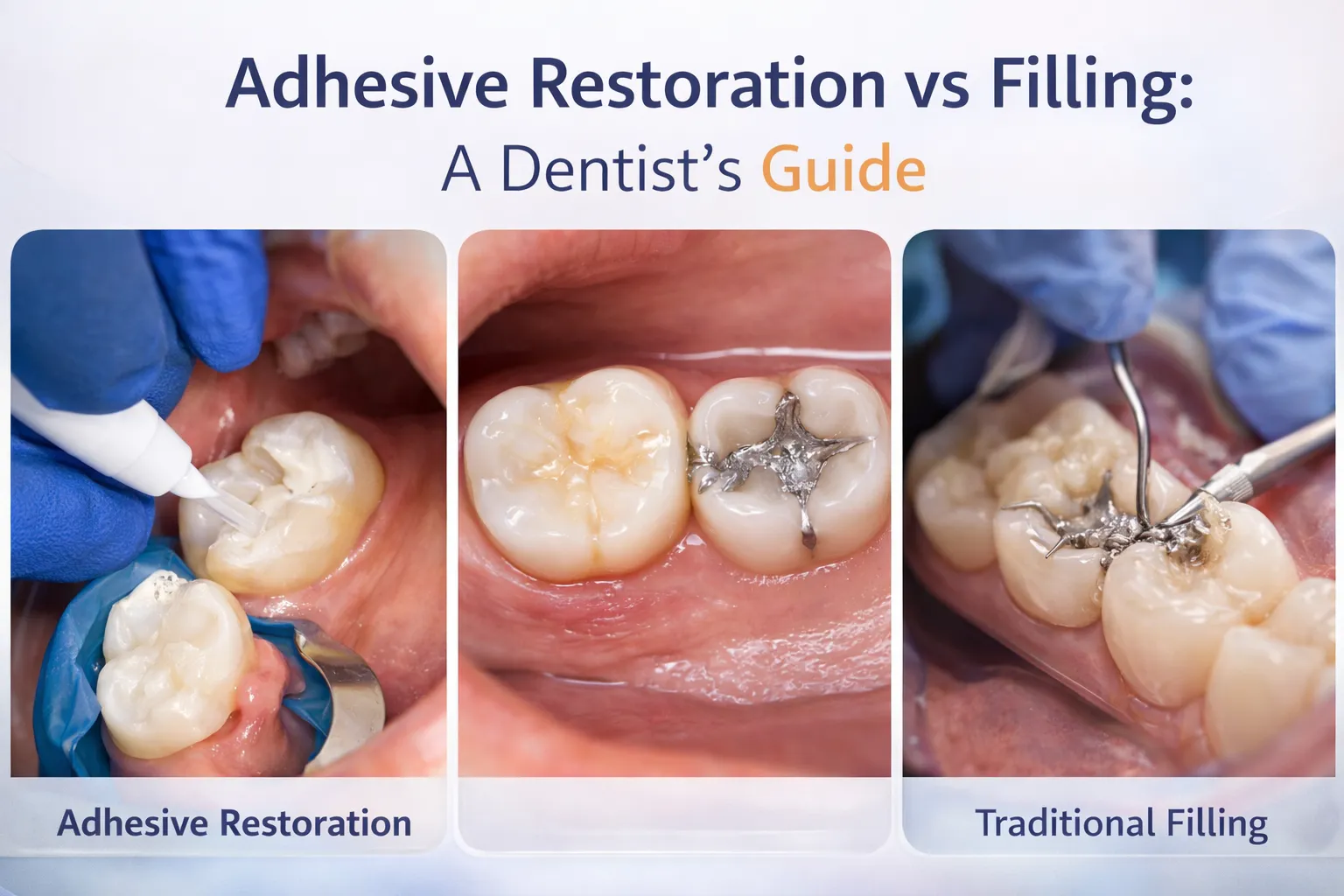 Tooth being restored with an adhesive composite filling material
