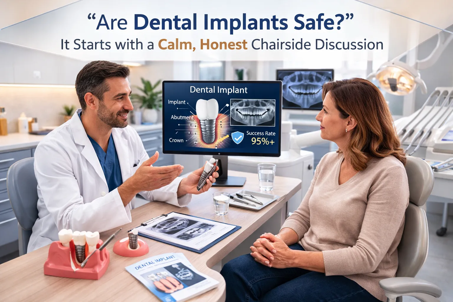 Dental implant model illustrating placement in the jawbone to highlight safety considerations
