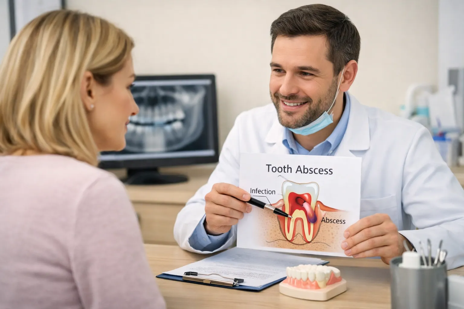 Cross-section illustration of a tooth abscess forming at the root beneath the gum
