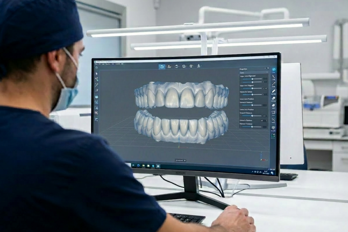 Full mouth rehabilitation case showing multiple restored teeth across the upper and lower arches