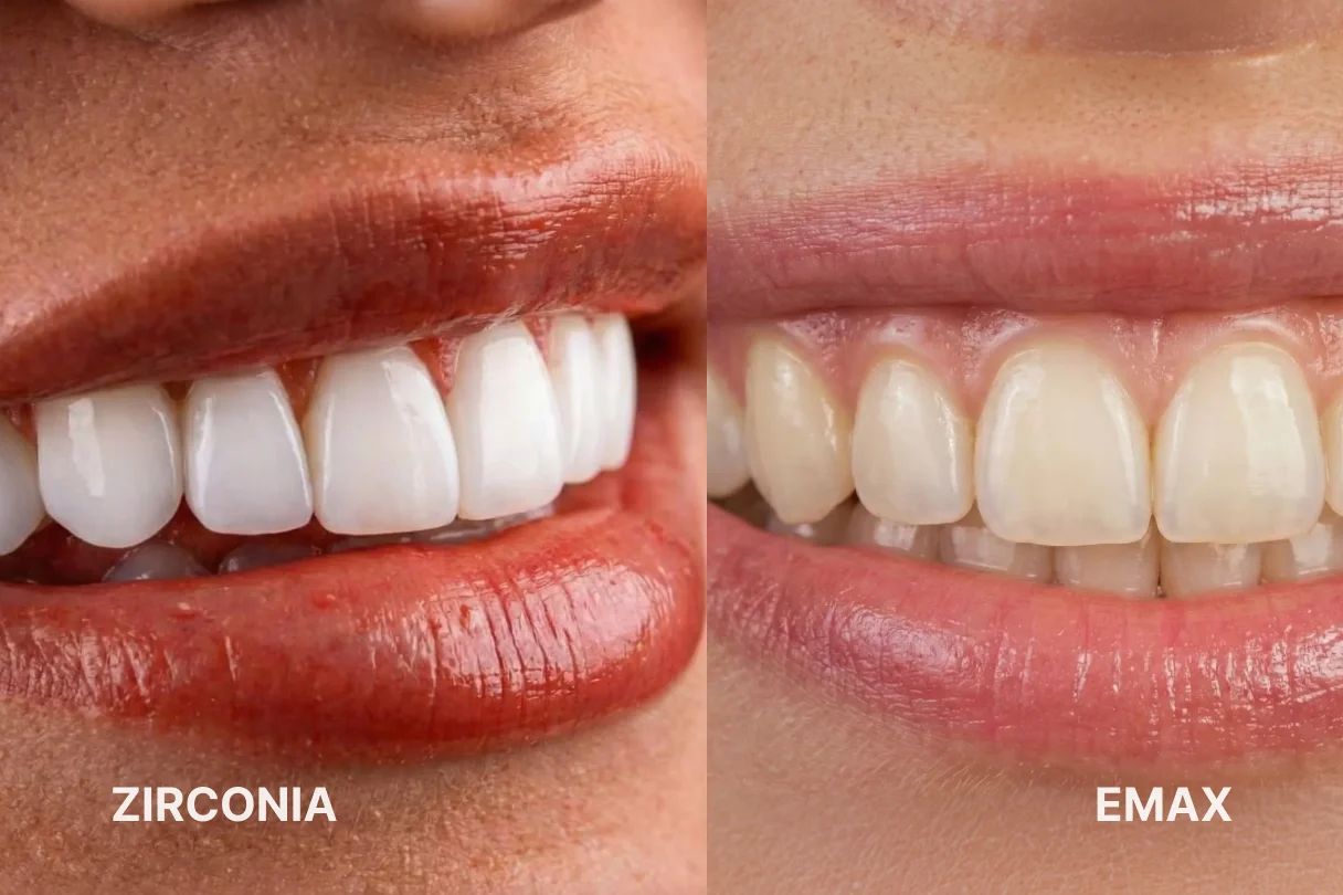 Emax and zirconia crowns displayed together to compare translucency and strength