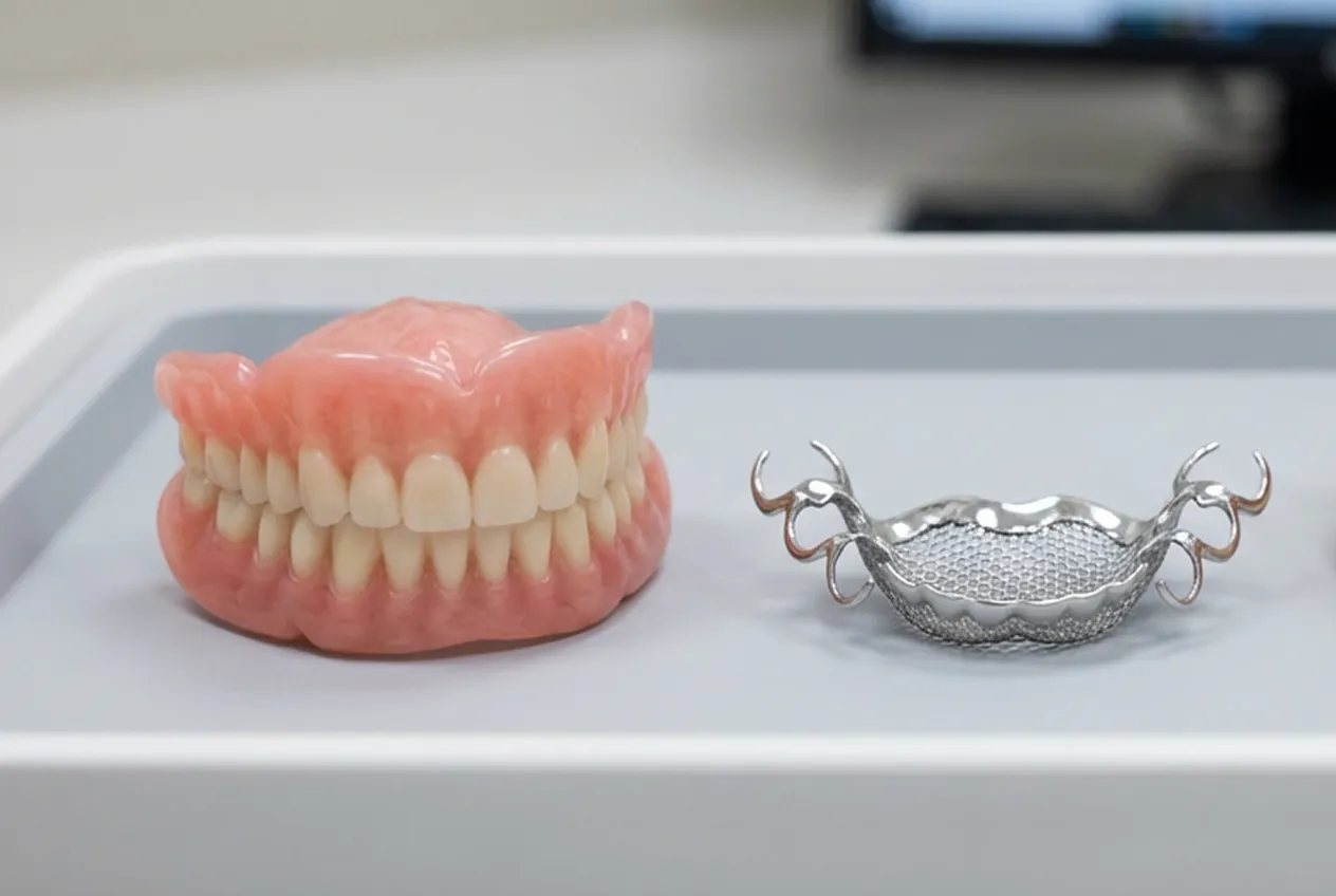 Different denture types arranged together to illustrate options used in digital dentistry prescriptions