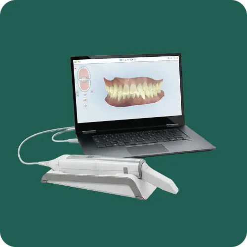 All-on-4 implant-supported bridge shown fitted into the lower jaw