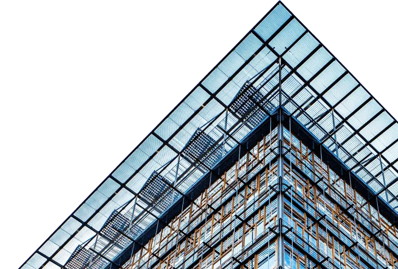 Upward view of a modern glass office building with a steel grid canopy, showcasing contemporary architecture and urban commercial design.