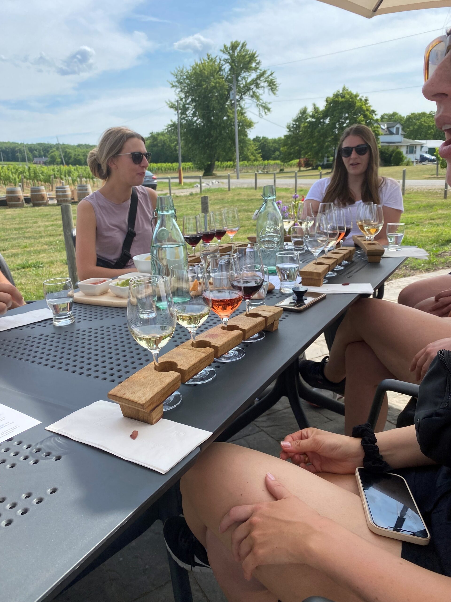 Guests sit at an outdoor winery table during a tasting, with flights of wine glasses arranged on wooden holders and vineyard rows visible in the background.