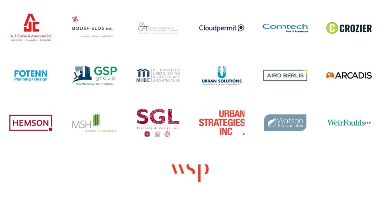 A sponsor graphic displaying logos of OPPI Conference supporters, including Urban Solutions, GSP Group, MHBC, Aird Berlis, Arcadis, SGL, Crozier, and others.