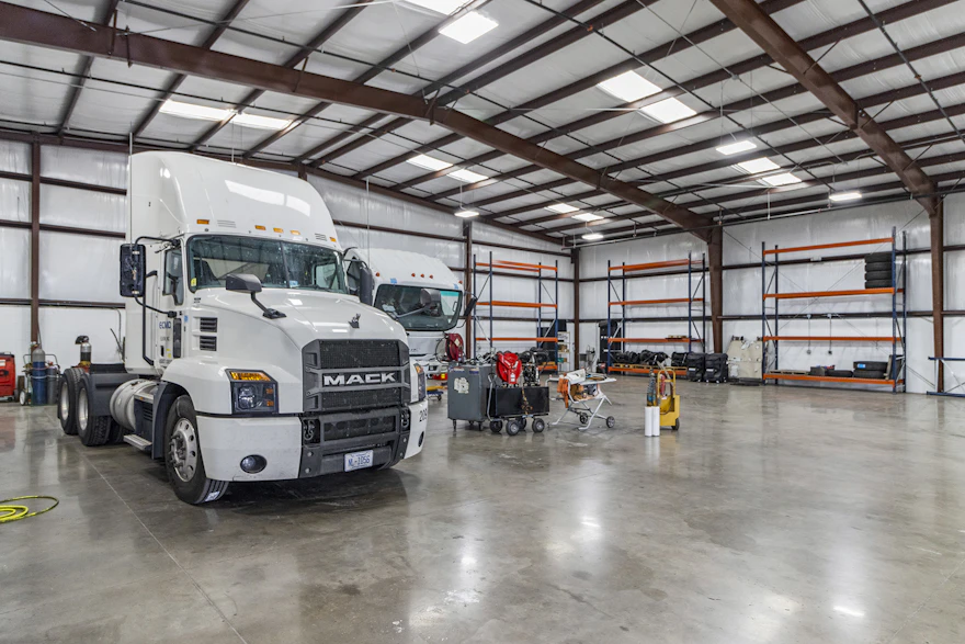 Mack truck in a repair bay