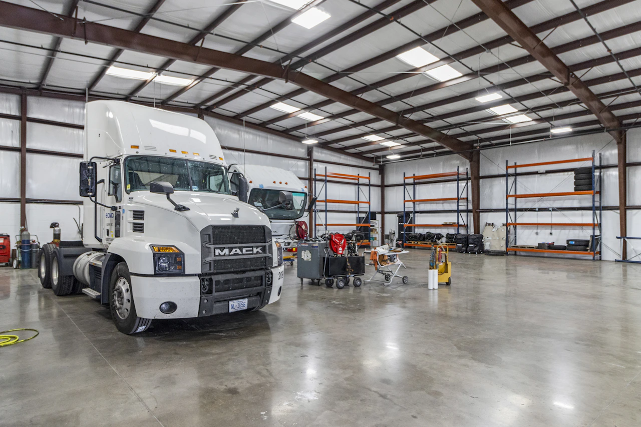 Mack truck in a repair bay